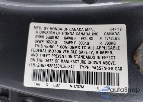 2012 Honda Civic Lx z USA, uszkodzony, nr VIN 2HGFB2F52CH565242